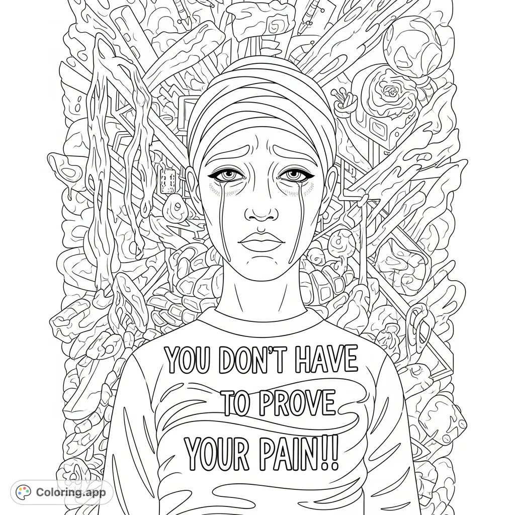 A poignant coloring page featuring a figure with a sad yet powerful expression, accompanied by the empowering message: "You Don't Have to Prove Your Pain!!"