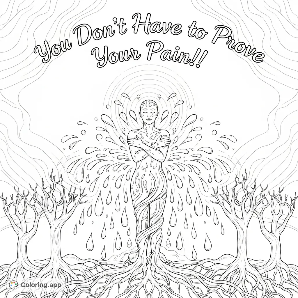 A powerful coloring page featuring a resilient figure surrounded by symbolic tears and roots, with the affirming message: "You Don't Have to Prove Your Pain!!"