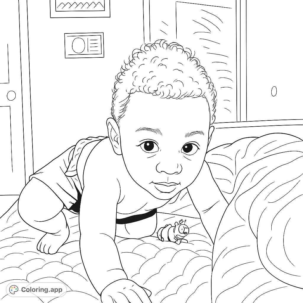 A delightful baby in a crawling pose, ready for adventure. Features a textured hairstyle and a small toy, set against a simple room background.