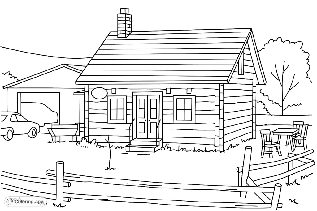 Explore a charming log cabin with a rustic fence and a garage. This simple coloring page offers a delightful scene for all ages to enjoy.