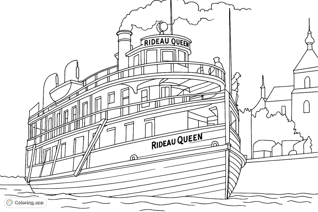 Embark on a journey with this historic Rideau Queen steamboat coloring page. A detailed vessel on water, perfect for history and boat enthusiasts.