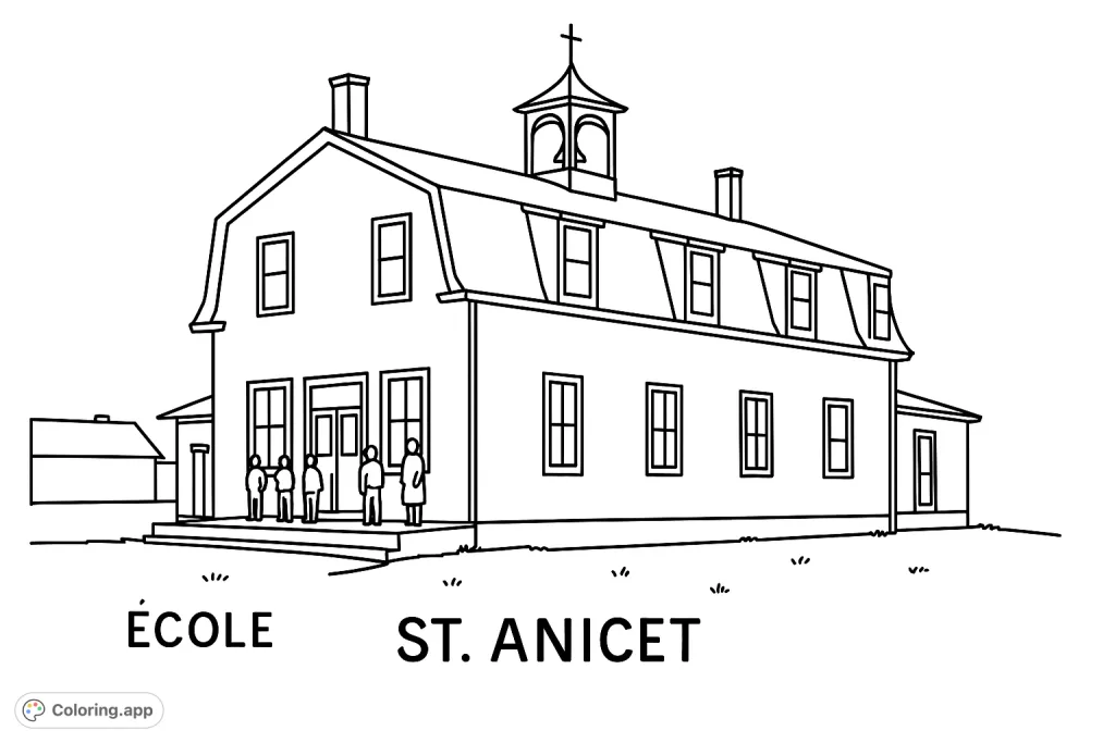 Step back in time with this charming historic schoolhouse coloring page, featuring a classic building, bell tower, and figures. A free printable coloring page for all ages.