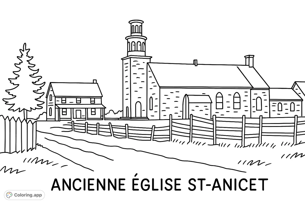 Explore a historic St. Anicet church and presbytery scene. A charming architectural coloring page for all ages, perfect for a relaxing creative session.