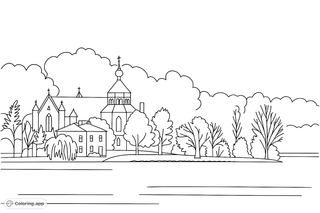 Color a serene scene featuring a grand building with a prominent dome by a calm lake, surrounded by trees and soft clouds. A simple, free printable coloring page for all ages.