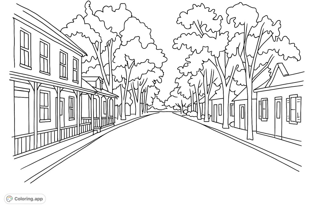 Explore a charming street scene with historic buildings and lush trees. This free printable street scene coloring page offers a relaxing creative escape for all ages.