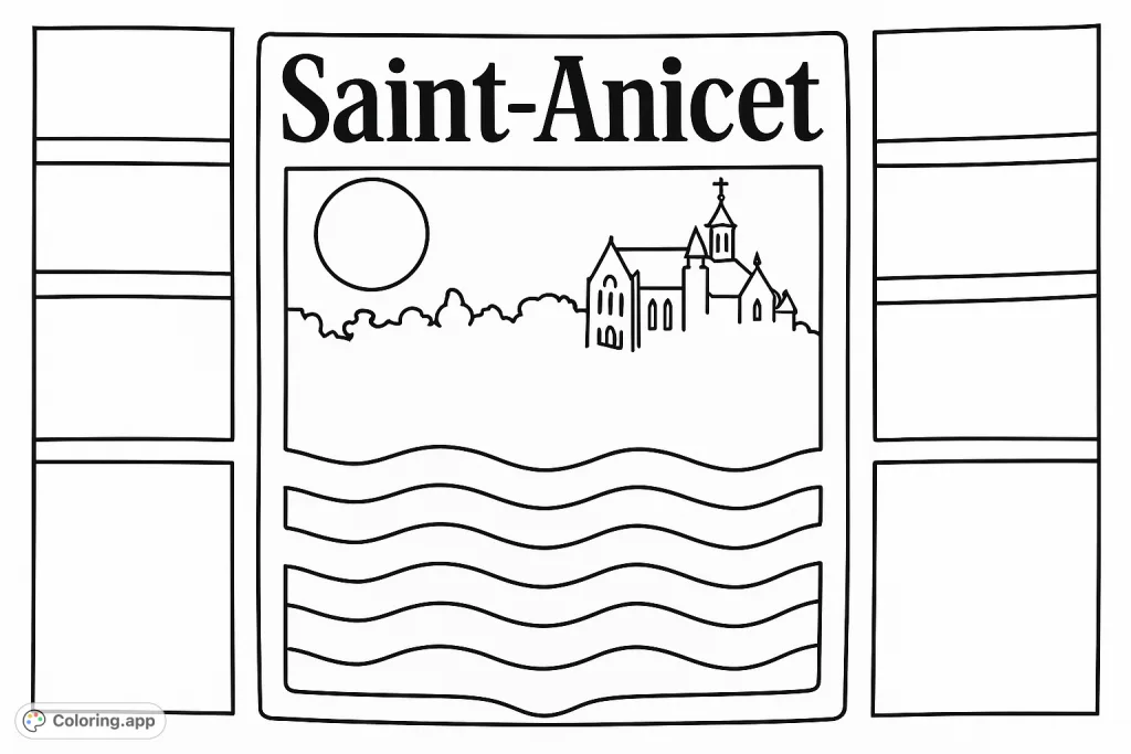 Color the Saint-Anicet flag, featuring its unique emblem with a town silhouette, sun-like circle, and wavy lines, flanked by striped panels. A free printable coloring page for all ages.
