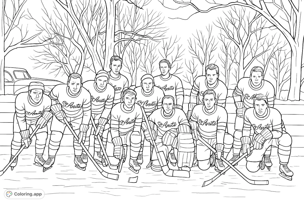 Capture the spirit of a vintage hockey team on an outdoor rink. This classic scene features players in striped jerseys, ready for action. A nostalgic sports coloring page.