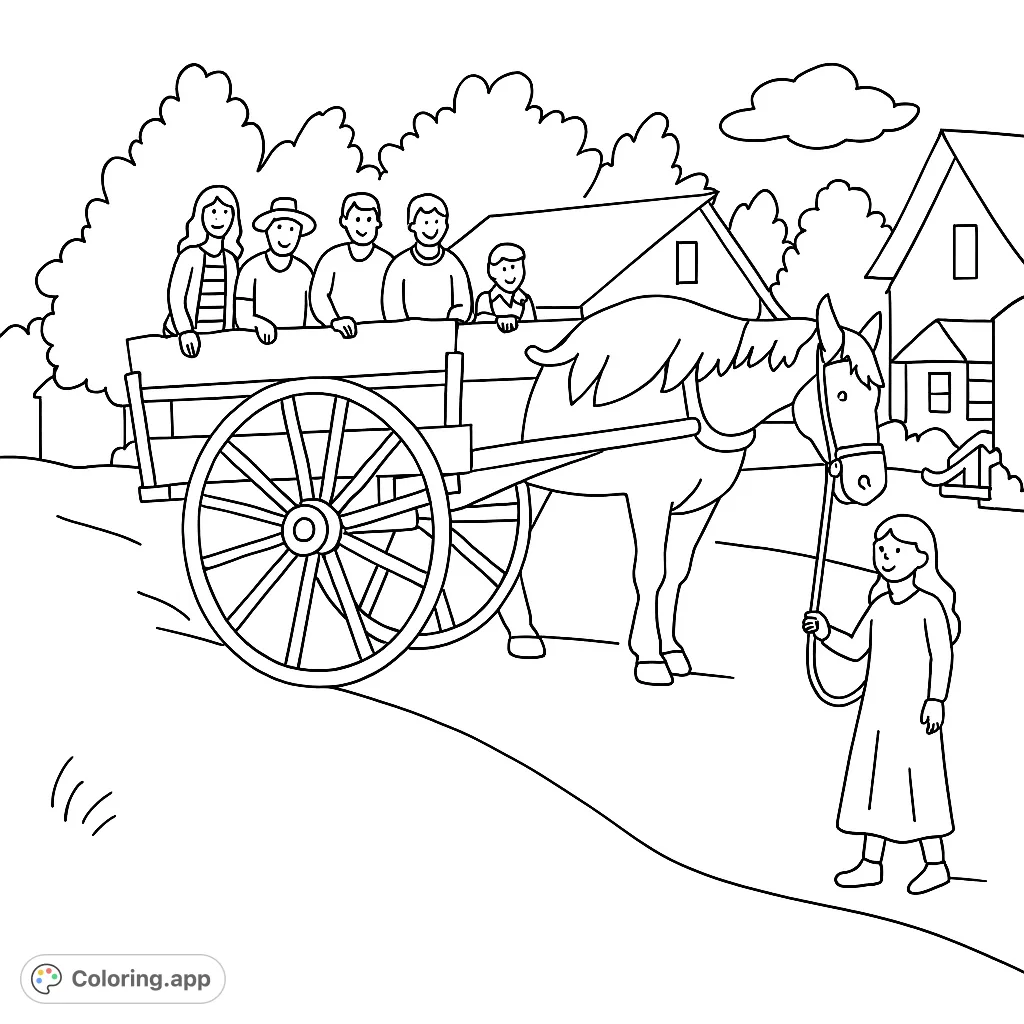 Enjoy a nostalgic horse and cart ride coloring page! Features a horse, wooden cart, and a group of people, perfect for a simple, charming coloring experience.