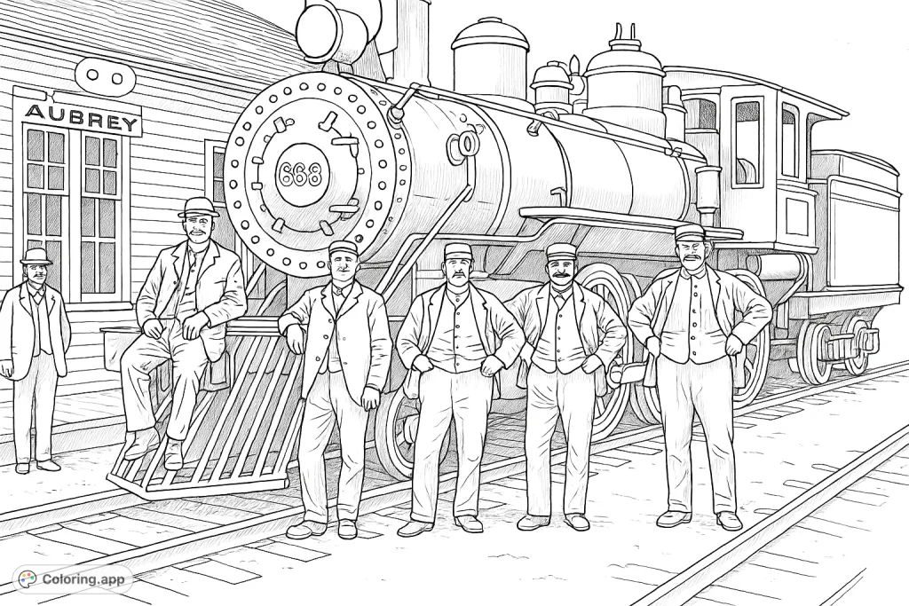 Step back in time with this vintage locomotive coloring page, featuring a powerful steam engine and its dedicated crew at Aubrey station. A historical journey awaits your creative touch.