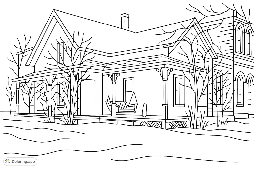 Color a charming vintage house with a welcoming porch swing and classic architectural details. A simple, nostalgic scene for all ages.