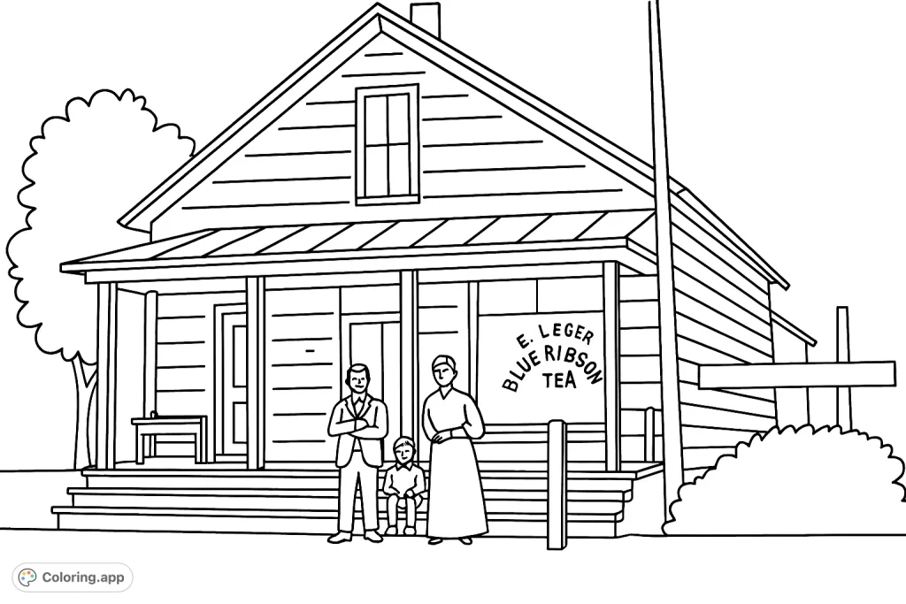 Step back in time with this charming vintage storefront family coloring page. A family stands proudly before their shop, ready for your creative touch.