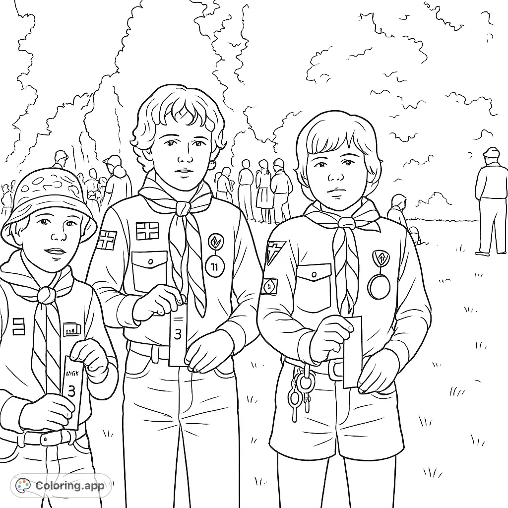 Three young scouts proudly display their awards at an outdoor gathering. A nostalgic scene perfect for a free printable scout coloring page.