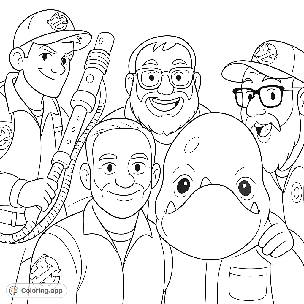 Join a quirky ghost hunting team and their friendly, duck-billed creature in this fun coloring page. Perfect for fans of paranormal adventures!