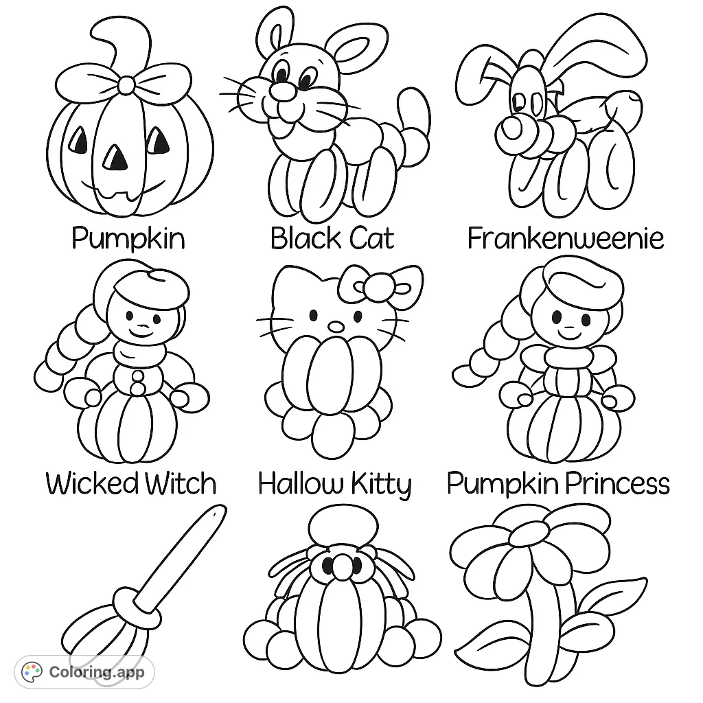 Explore a delightful collection of nine whimsical Halloween balloon animal figures, perfect for a fun and festive coloring experience for all ages.