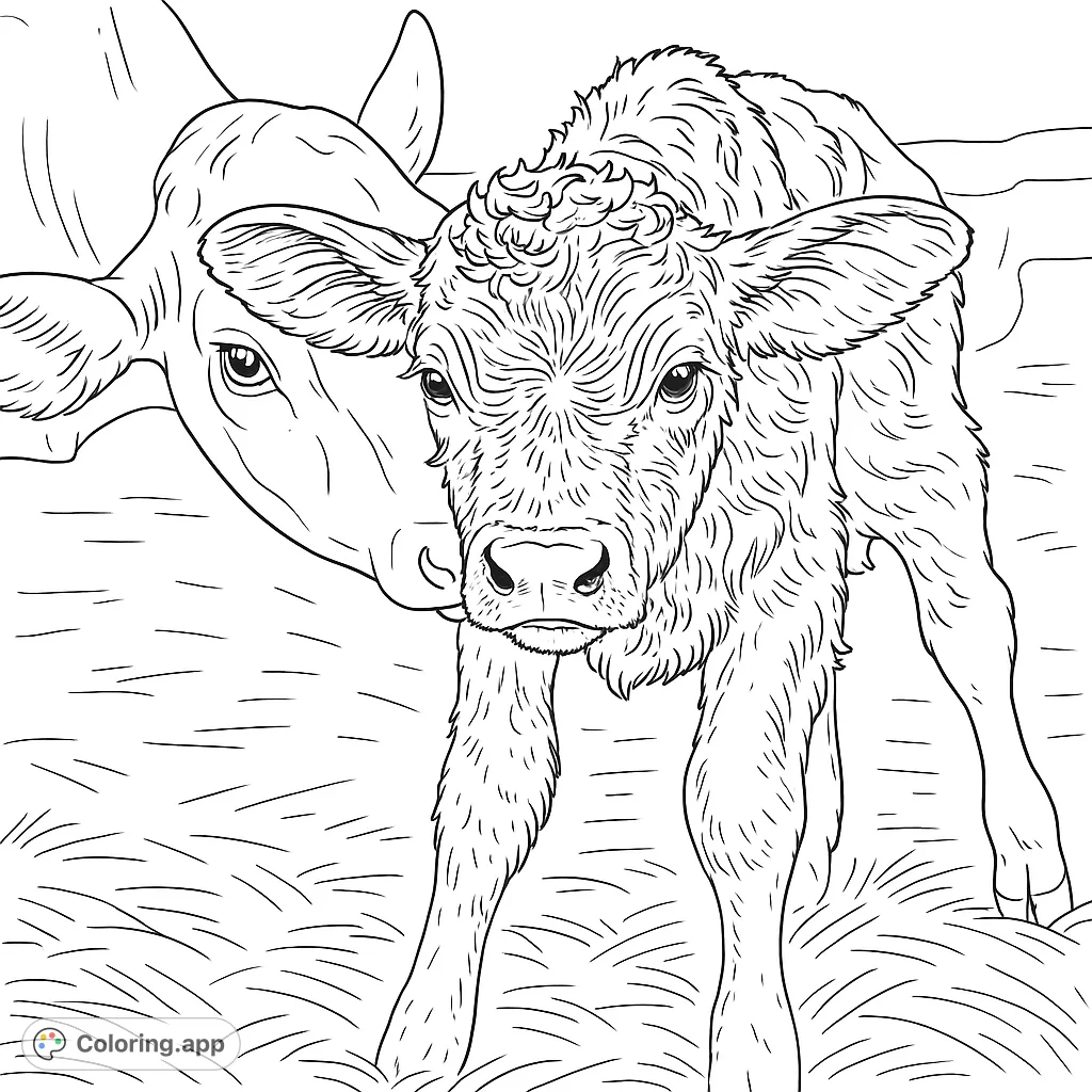 An adorable newborn calf with its mother, featuring textured fur and a gentle farm scene. Perfect for animal lovers and aspiring artists.