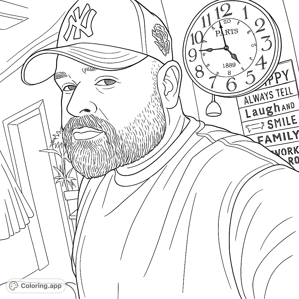 A detailed coloring page featuring a bearded man in a baseball cap, set against a backdrop of a vintage clock and wall decor. Perfect for personalizing.