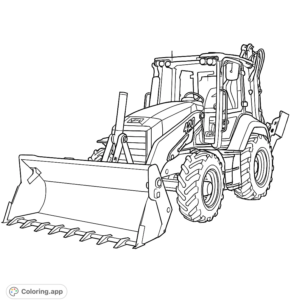 Detailed backhoe loader coloring page, perfect for construction vehicle enthusiasts. Features a large front bucket, robust wheels, and intricate mechanical parts.