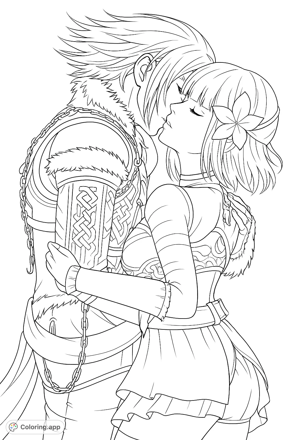 An intimate fantasy couple embraces, featuring detailed armor, flowing hair, and a tender moment. A romantic coloring page for fans of character art.