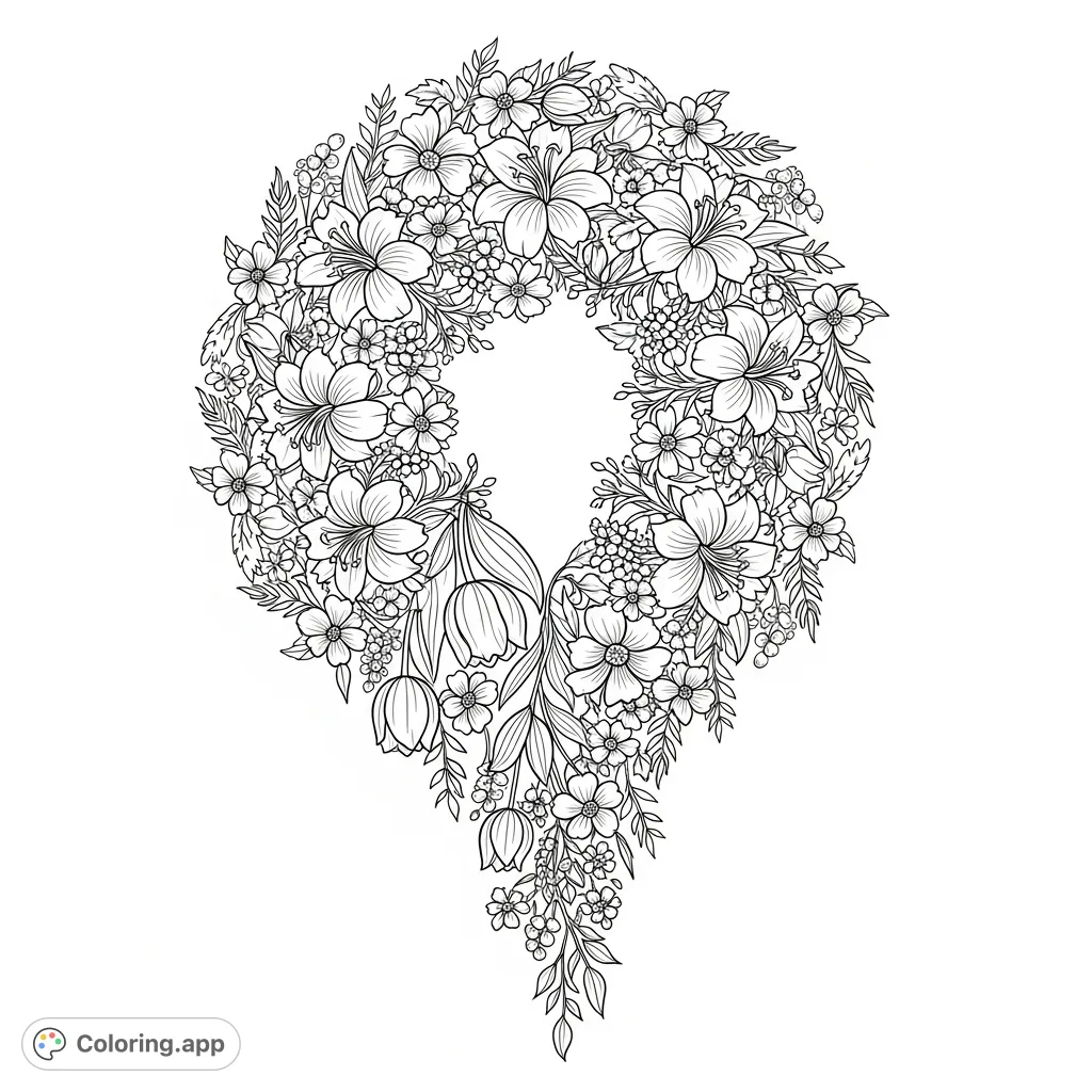 Discover a beautiful floral mandala coloring page featuring an intricate cascade of lilies, tulips, and wildflowers, perfect for detailed artistic expression.
