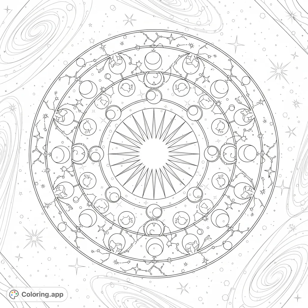 Explore the intricate beauty of a celestial mandala, featuring constellations, sunbursts, crescent moons, and swirling nebulae in deep space.