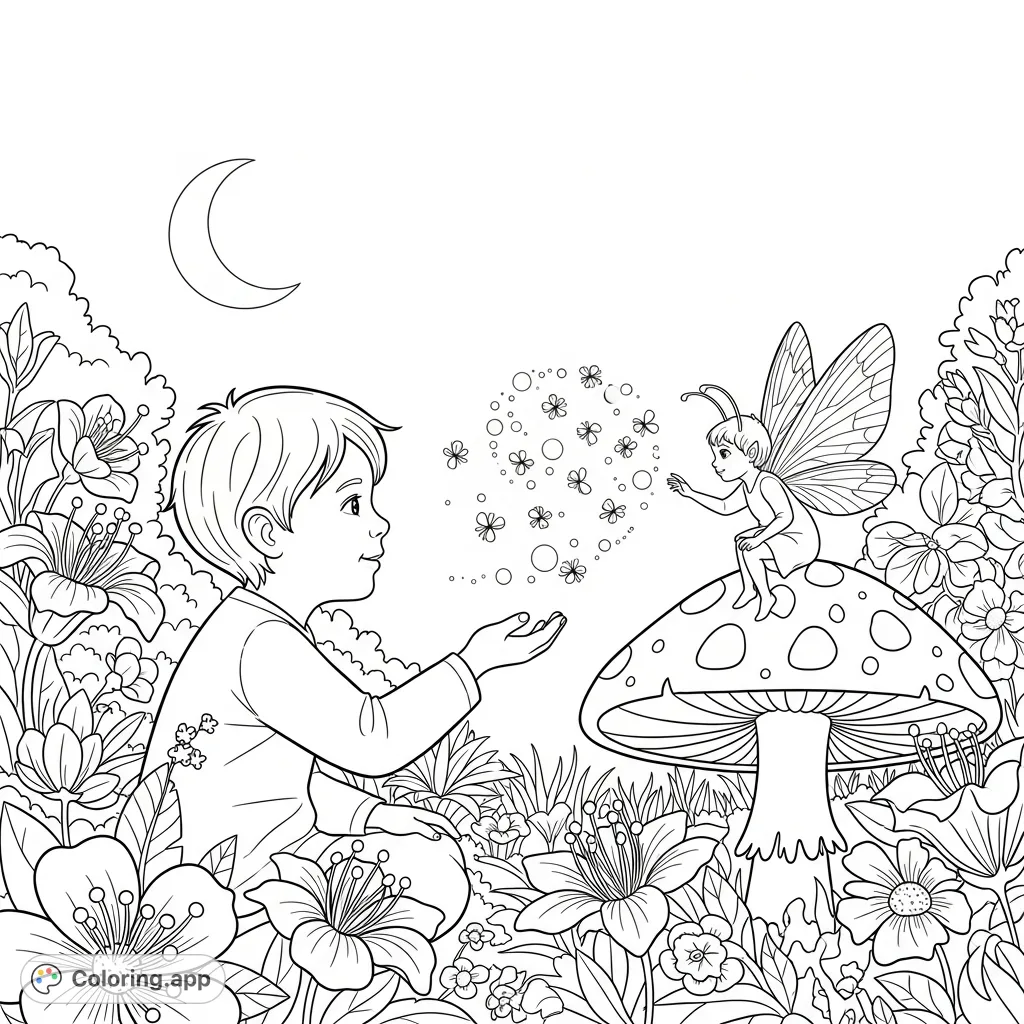 A magical garden scene featuring a child reaching for glowing fireflies, watched by a delicate sprite on a luminous mushroom under a crescent moon. Perfect for imaginative coloring.