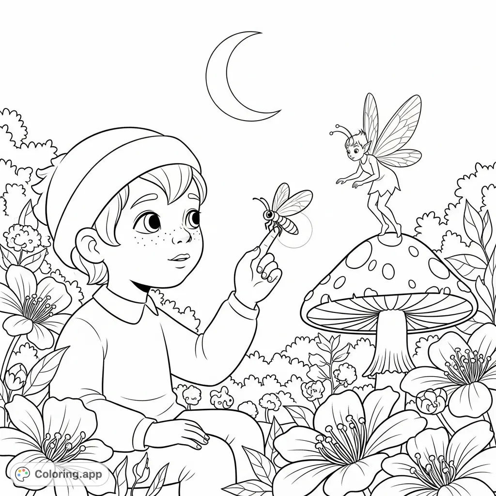 Discover a serene garden scene where a child connects with a glowing firefly and a delicate sprite. A magical night-blooming world awaits your creative touch.