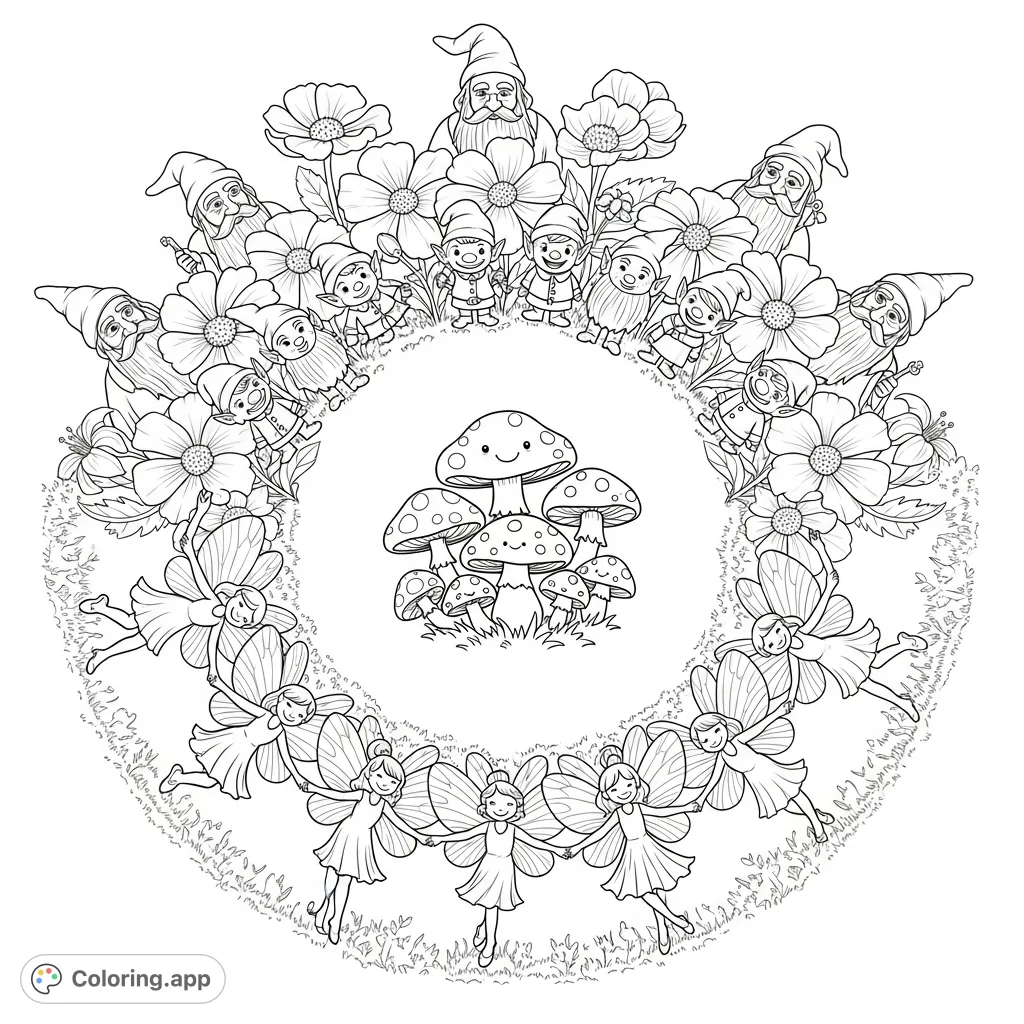 Discover a magical fantasy coloring page featuring a circular design of dancing fairies, peeking gnomes and elves, and wise wizards observing tiny smiling mushrooms.