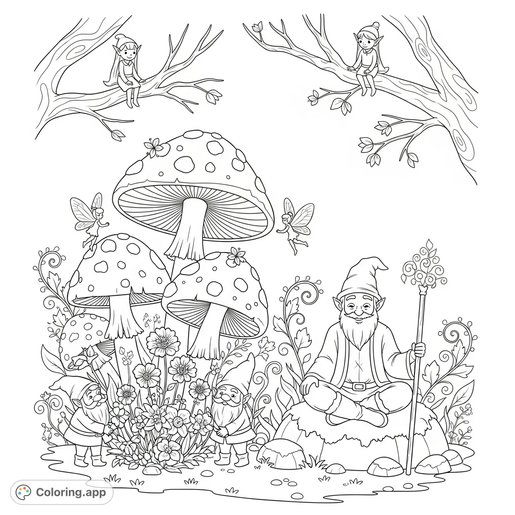 Explore a magical forest clearing teeming with fairies, gnomes, elves, and a wise wizard. A detailed fantasy scene for imaginative coloring.