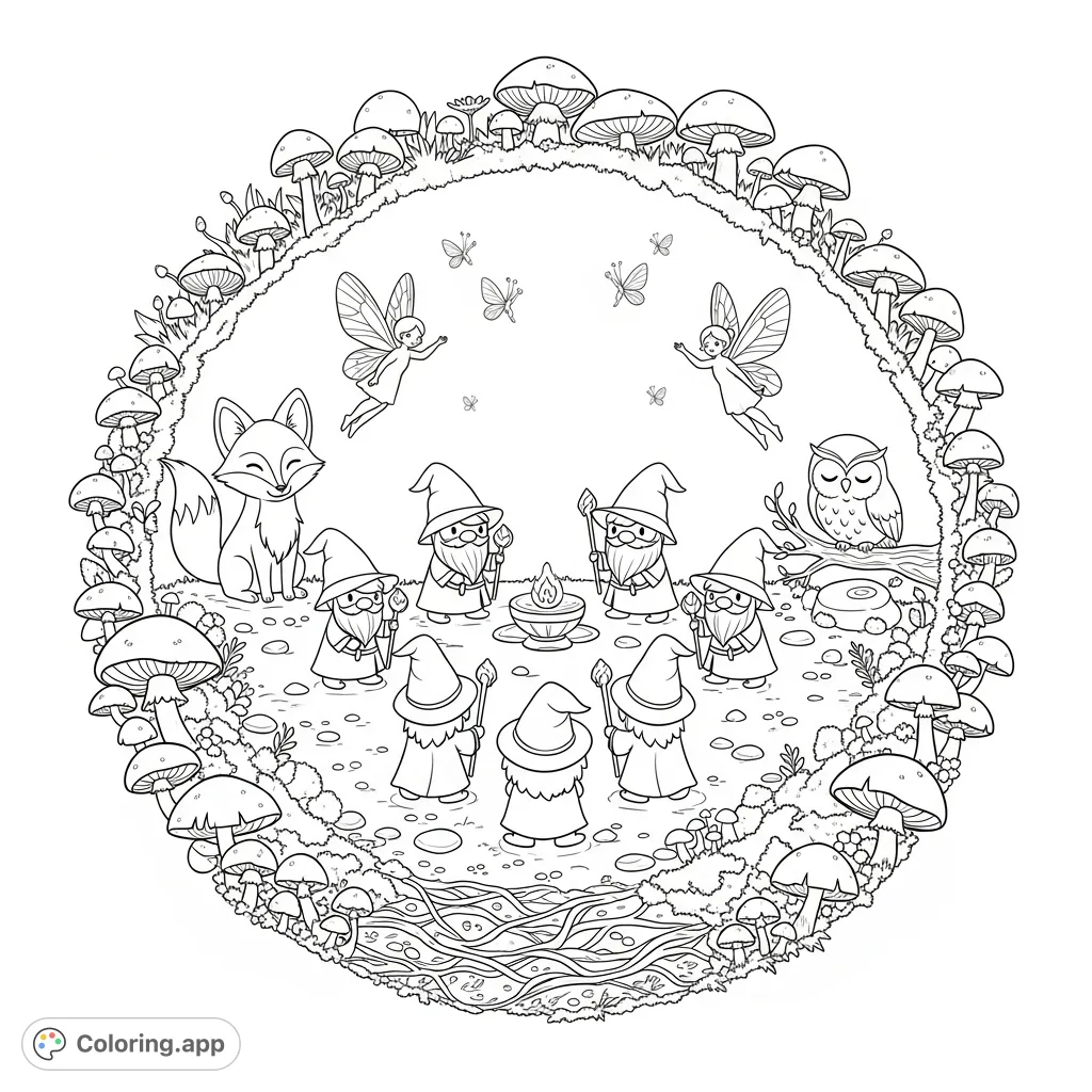 Discover a magical forest clearing where kawaii gnomes, tiny wizards, and friendly creatures gather for a gentle ritual under fluttering fairies. A charming, symmetrical scene.
