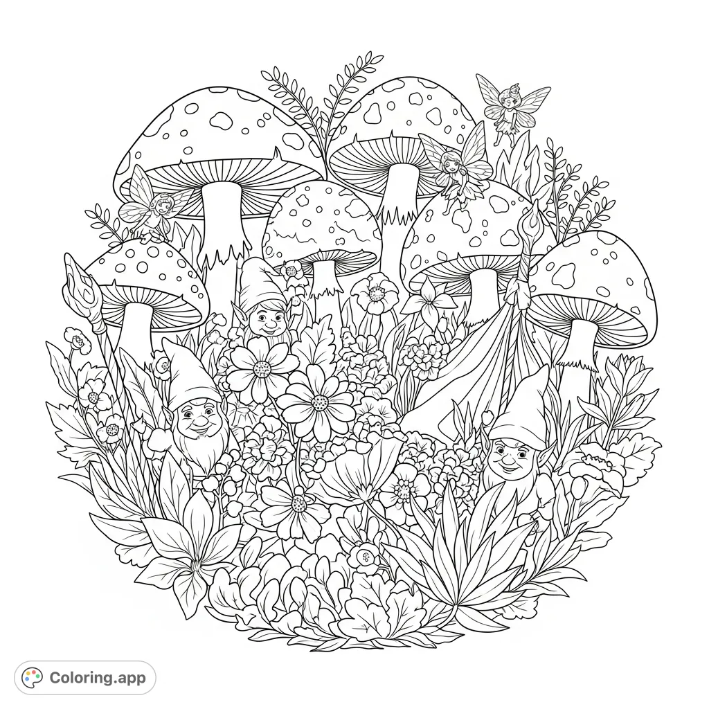Explore a magical, dense enchanted garden coloring page filled with hidden fairies, gnomes, elves, and a wizard amidst intricate botanical patterns.