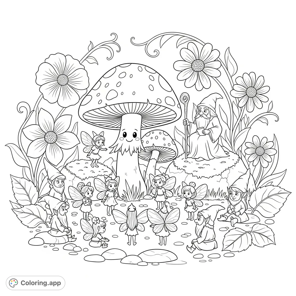Enter an enchanted glade where tiny fairies, gnomes, and elves gather around a wise wizard and a friendly mushroom for a magical storytelling session.