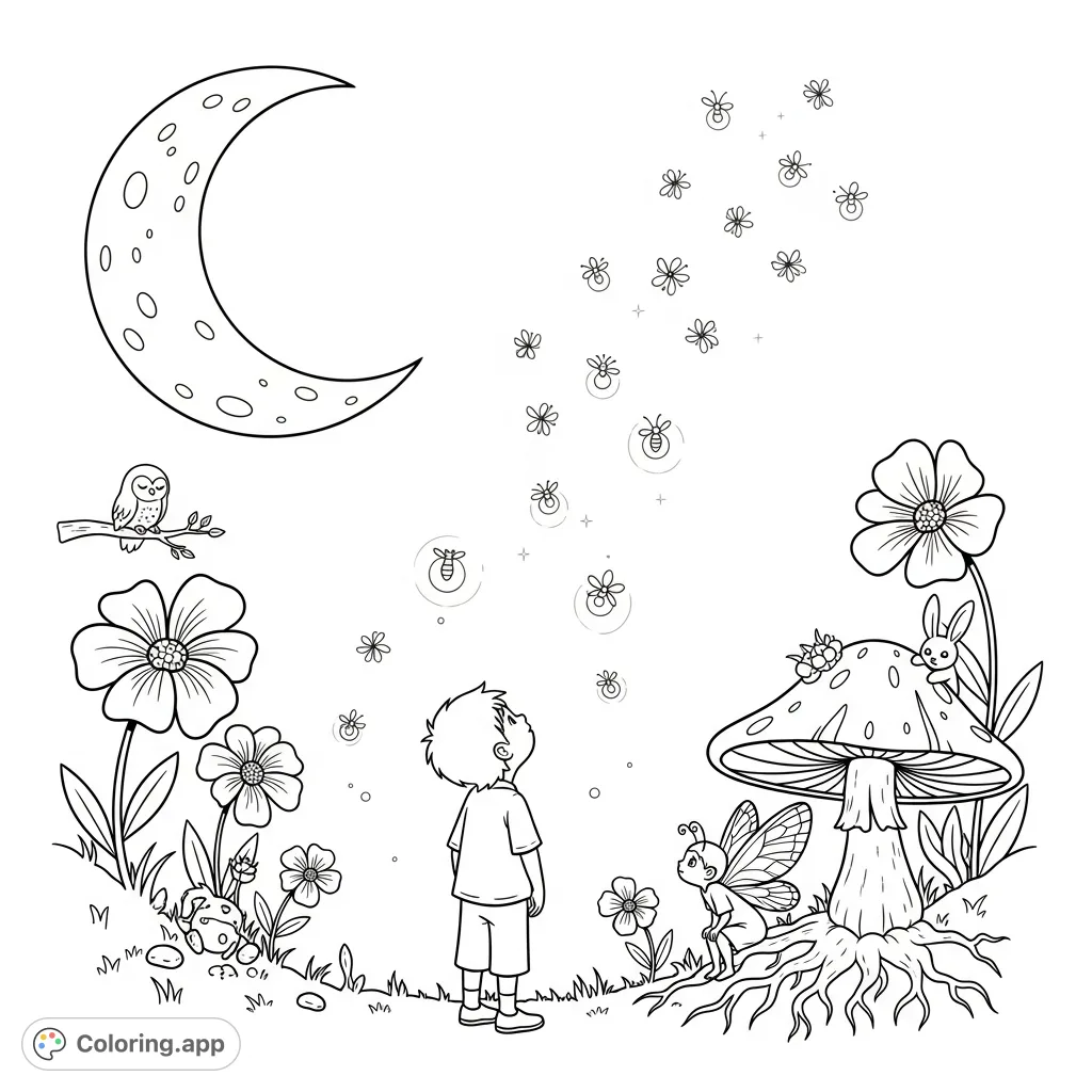 Discover a magical night sky coloring page featuring a child, a crescent moon, ascending fireflies, and a hidden sprite. A whimsical scene for all ages.