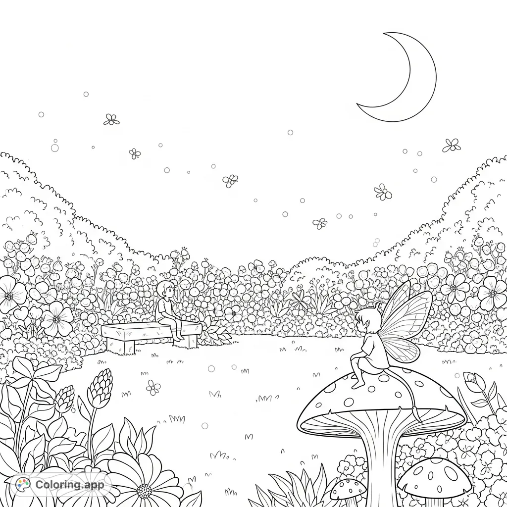 Discover a magical garden at twilight, where a child watches luminous fireflies dance around a delicate sprite on a glowing mushroom under a crescent moon.