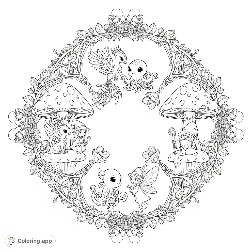 Explore a magical realm where intertwining vines frame whimsical scenes of kawaii mystic animals, gnomes, fairies, and wizards amidst large mushrooms. An intricate fantasy coloring page.