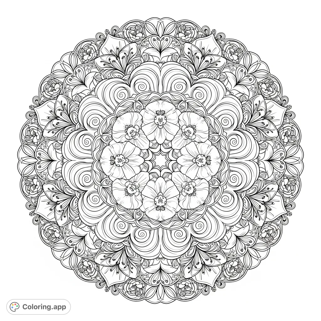 Explore a stunning botanical mandala coloring page featuring a central orchid cluster, surrounded by detailed rings of rose petals, lily stamens, and wildflowers.
