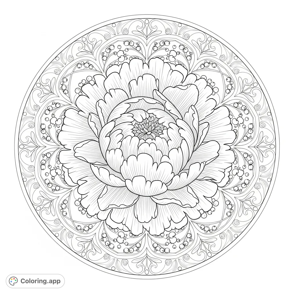 Discover a stunning peony mandala coloring page, featuring a central bloom surrounded by intricate symmetrical patterns, tendrils, and floral motifs.