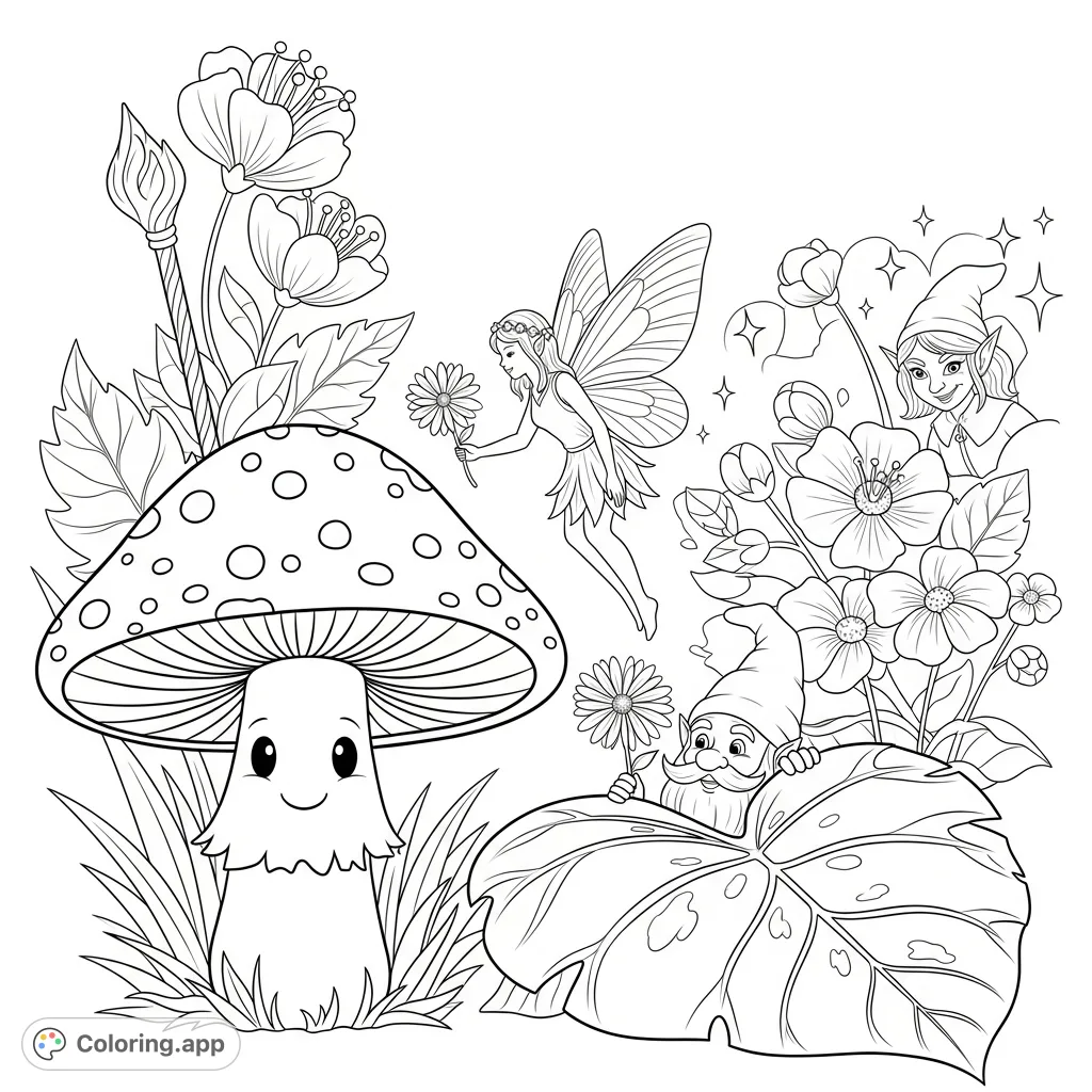 Explore a whimsical magical garden coloring page featuring a smiling mushroom, a delicate fairy, a peeking gnome, and hidden elf eyes amidst fantastical blooms.
