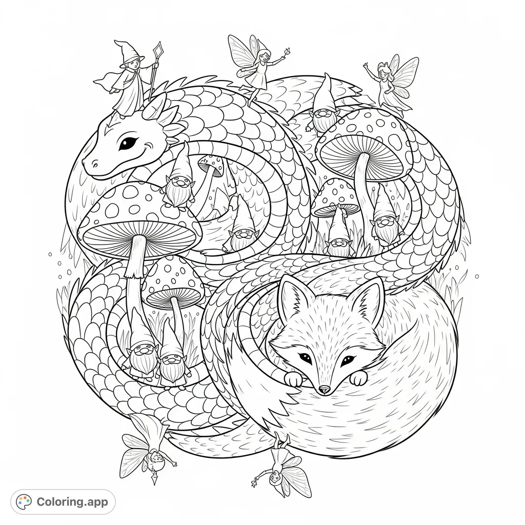 Discover a magical world in this intricate mystic animals coloring page. A circular design of kawaii creatures, gnomes, fairies, and wizards awaits your touch.