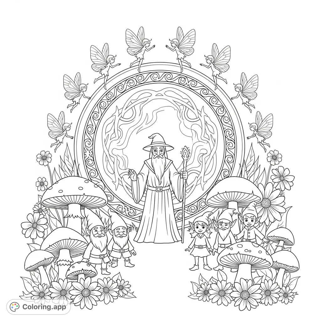 Enter a realm of wonder with this mystical portal coloring page, featuring graceful fairies, cheerful gnomes, playful elves, and a wise wizard in an enchanted setting.