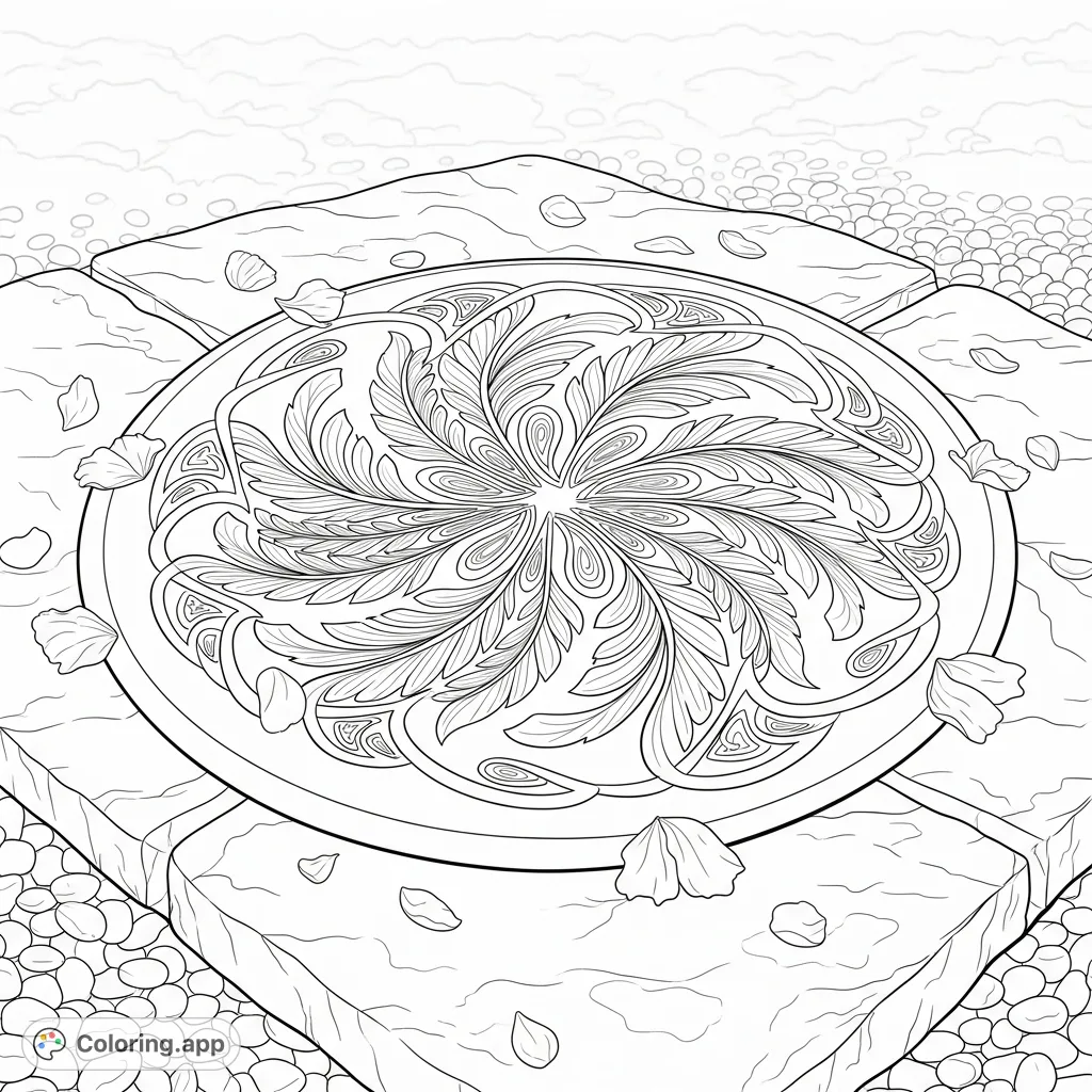 Discover an ornate mandala coloring page, intricately designed with organic shapes and Celtic knots, resting on a textured stone surface amidst river stones and petals.