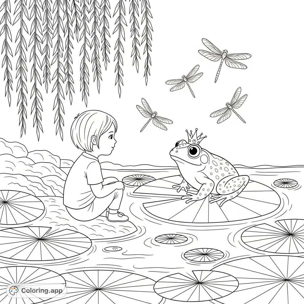 A whimsical pond scene featuring a child, a crowned frog on a lily pad, and hovering dragonflies. A serene nature coloring page for imaginative minds.