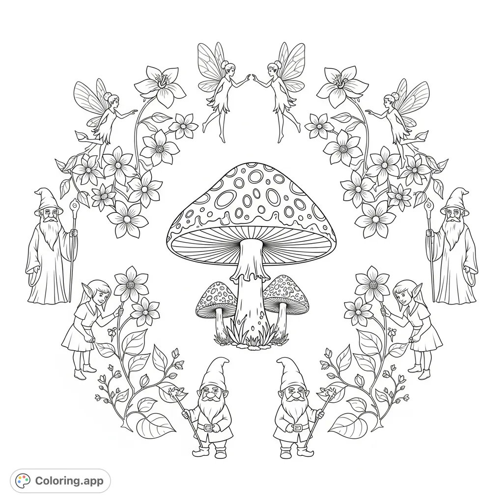 Explore a perfectly symmetrical fantasy garden coloring page featuring a grand mushroom, dancing fairies, gnomes, elves, and wise wizards amidst magical flora.