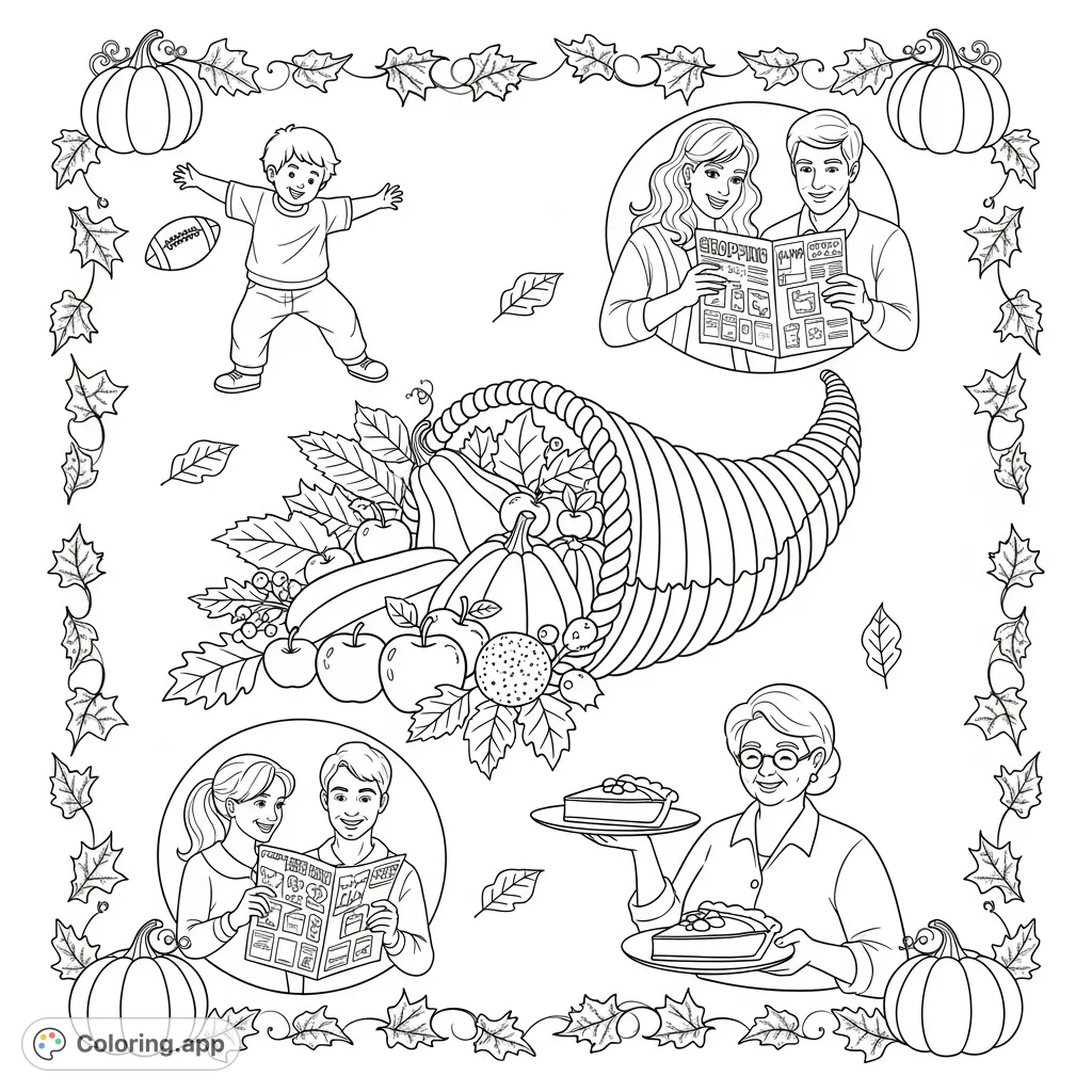 A heartwarming Thanksgiving scene featuring a bountiful cornucopia, a family enjoying holiday activities, and a festive border of pumpkins and leaves.