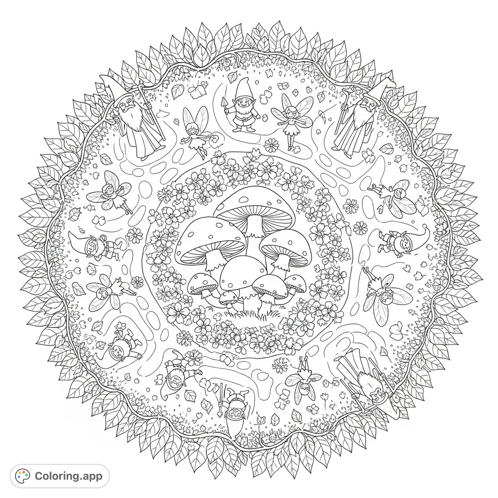 Discover a magical circular landscape featuring friendly mushrooms, hovering fairies, playful gnomes, and wise wizards amidst enchanted foliage and swirling pathways.