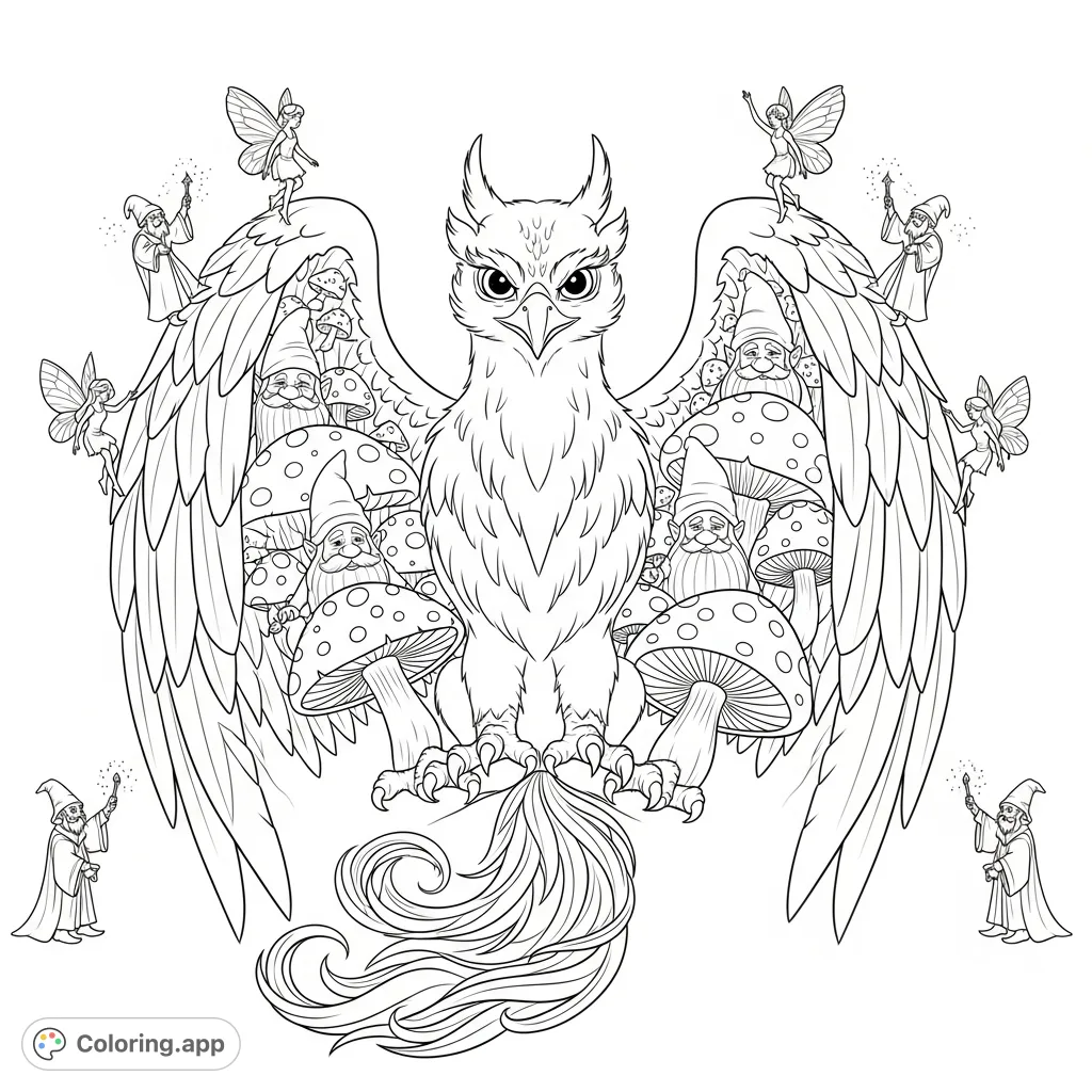 Discover a magical griffin coloring page featuring whimsical gnomes, delicate fairies, and miniature wizards in a symmetrical, enchanting design.