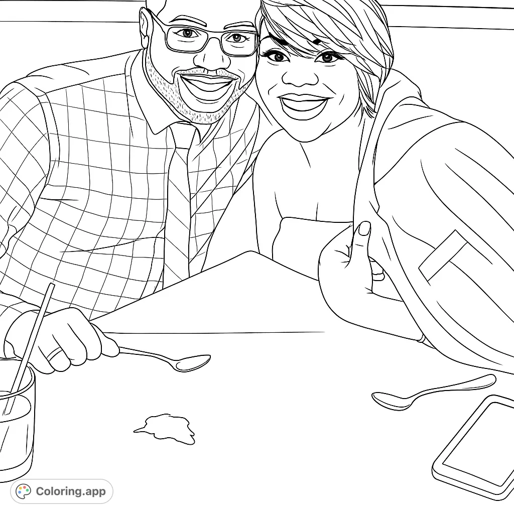 A heartwarming coloring page featuring a smiling couple enjoying a meal together. Perfect for celebrating relationships and special moments.