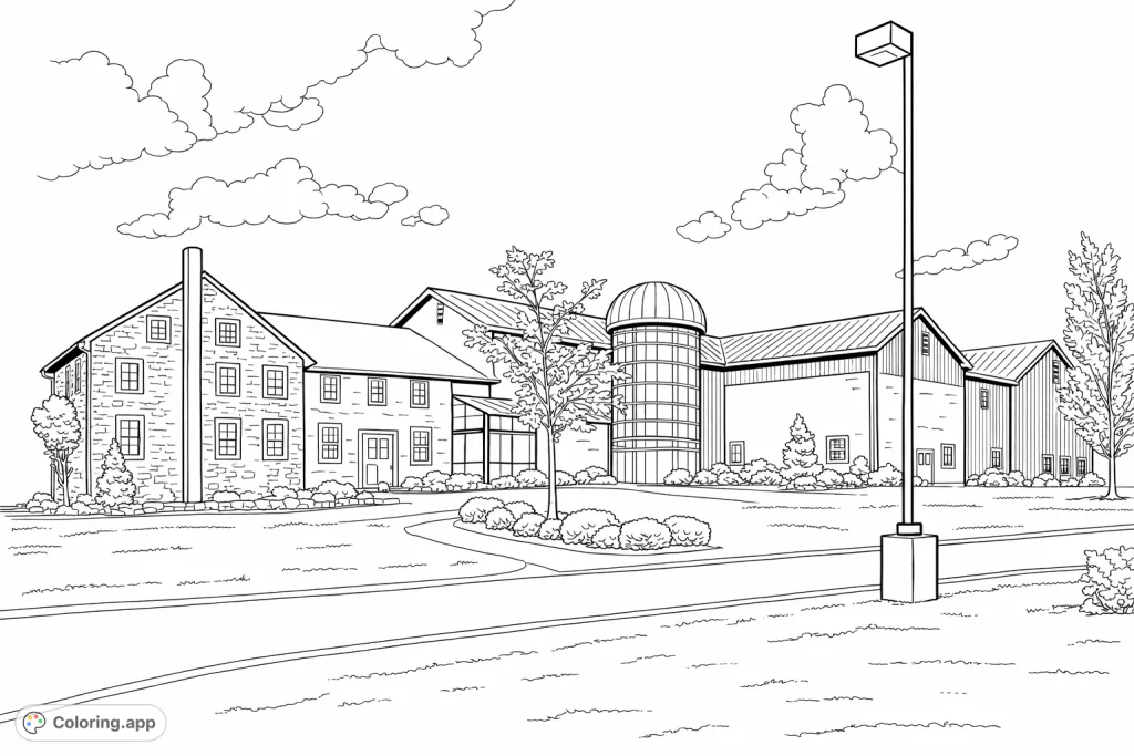 Explore a unique architectural blend of a historic stone building and a modern barn-style complex. Ideal for architecture enthusiasts.