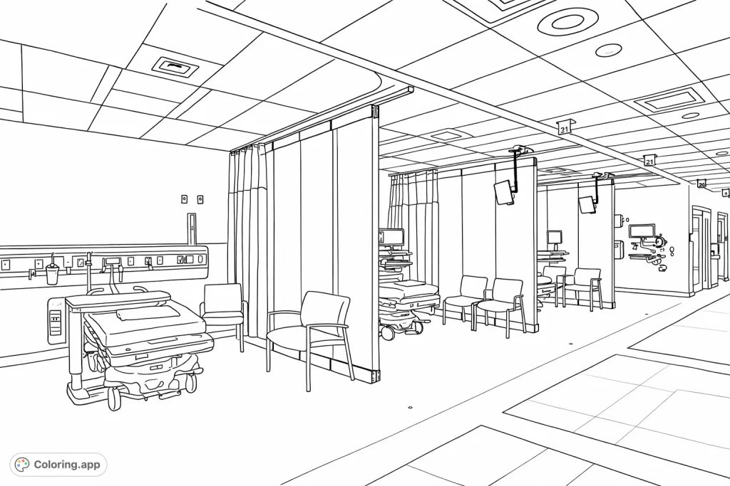 Explore a detailed modern medical facility interior, featuring patient bays, advanced equipment, and architectural elements for a unique coloring experience.