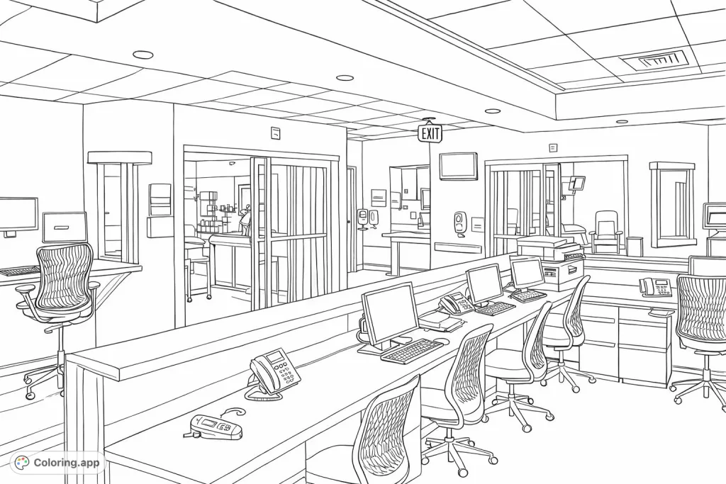 Explore a detailed modern medical station, complete with computer workstations, sliding patient room doors, and intricate medical equipment.