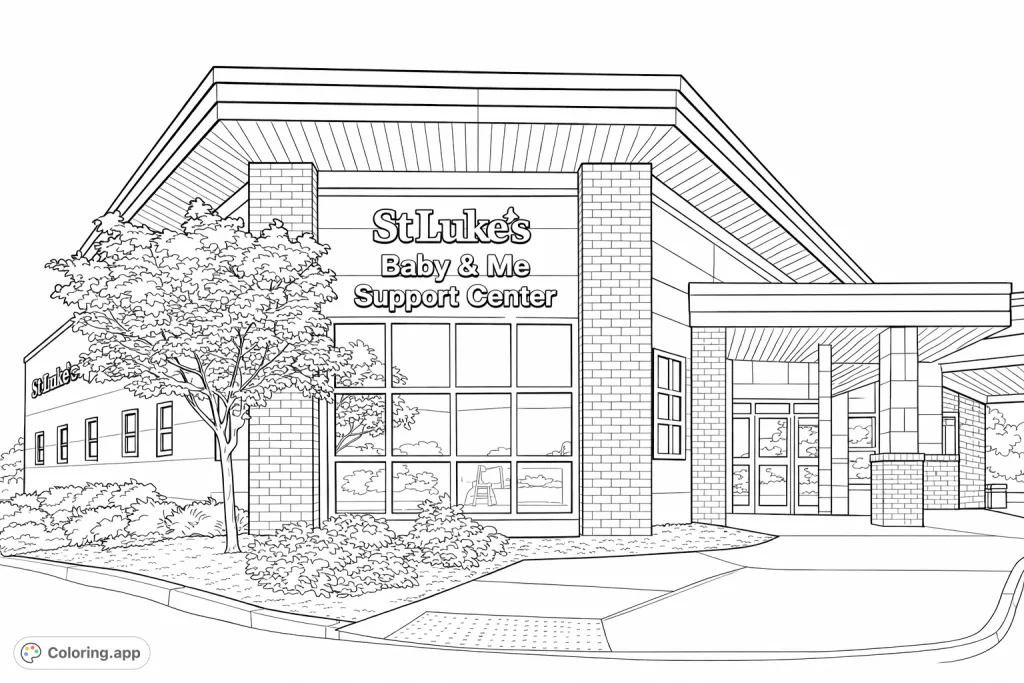 Color a detailed modern building featuring brickwork, expansive windows, and welcoming entrance. Explore architectural details and surrounding landscaping.